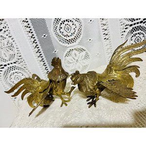 Mid 20th Century Silverplated Bronze Fighting Roosters Figurines -a Pair